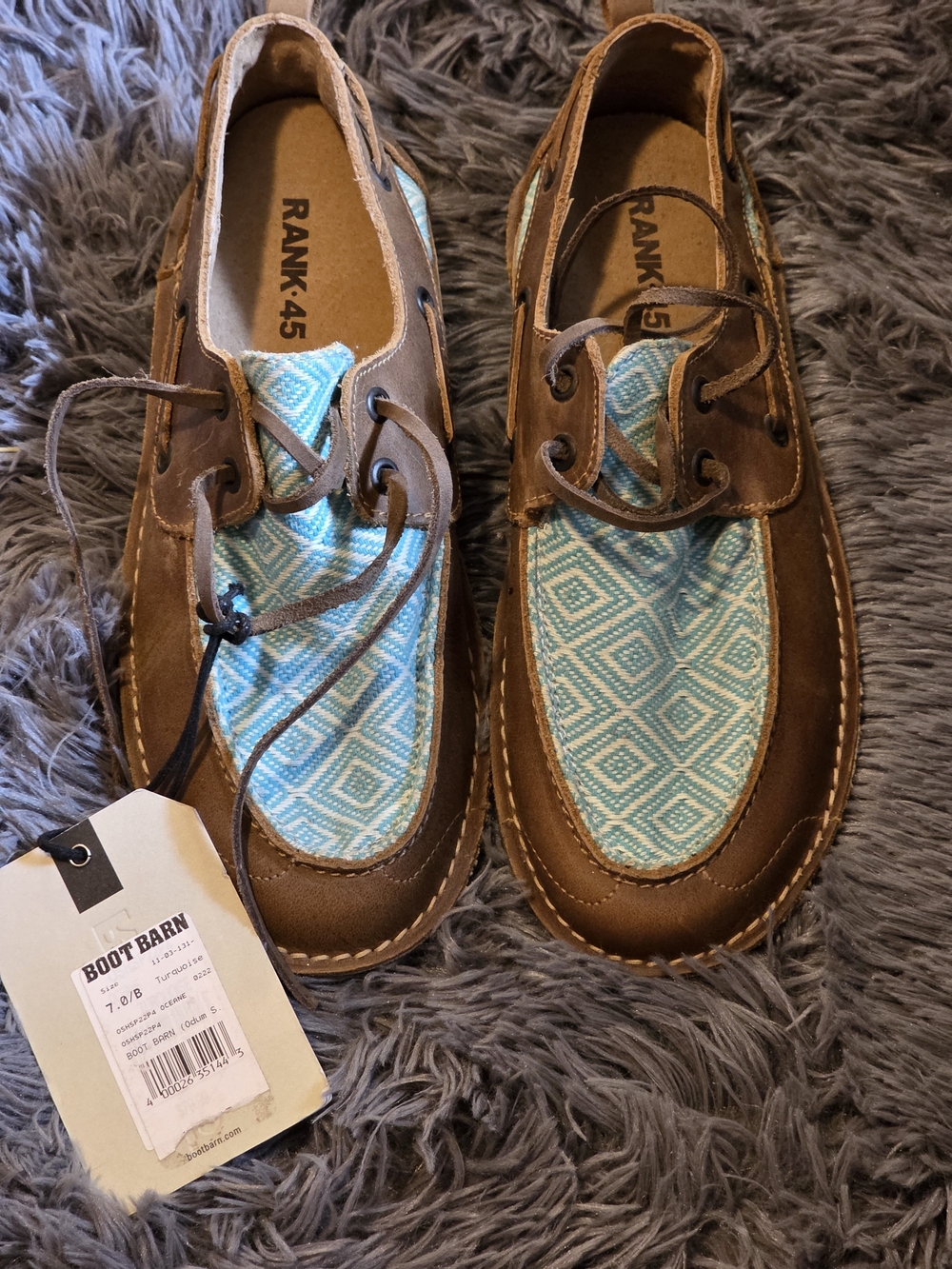 Women’s Brown Leather Boat Shoes with Blue Patterned Fabric RANK.45 SZ 7
